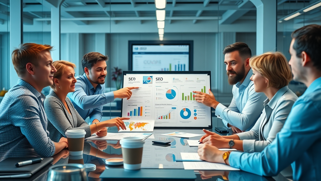 small business team brainstorming SEO strategy chart