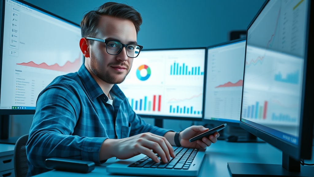 digital marketer optimizing a Google Ads dashboard for a service business, multiple monitors showing ad performance metrics in a clean workspace
