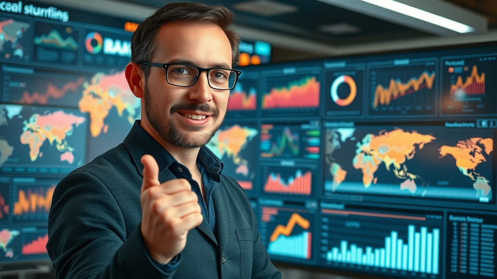 Professional marketing analyst presenting dashboard of local business marketing metrics, tools for effectiveness