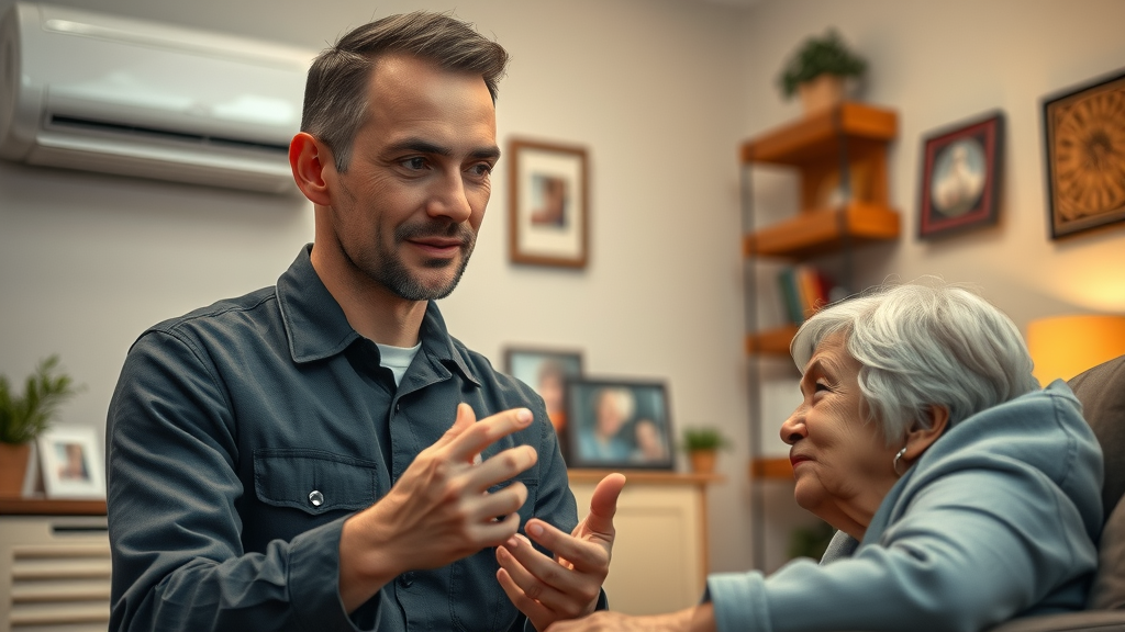 Professional HVAC technician reassures elderly homeowner during emergency HVAC repair