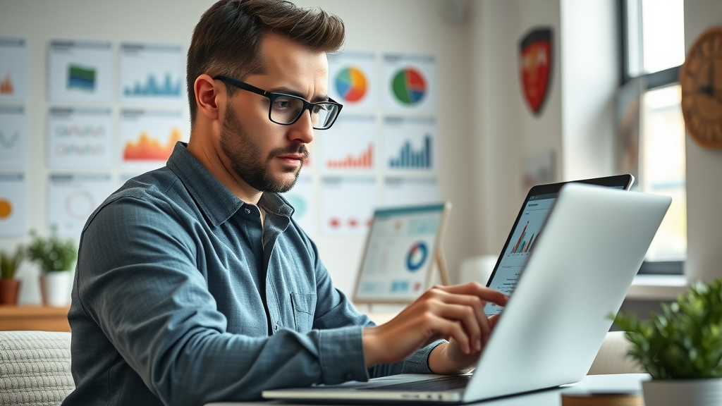 Professional marketer analyzing demographic data on laptop for local content strategy with charts in an office