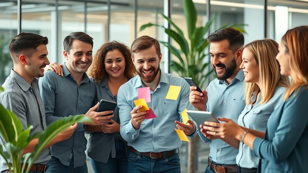 content recycling ideas modern marketing team collaborating brainstorming sticky notes digital devices glass office
