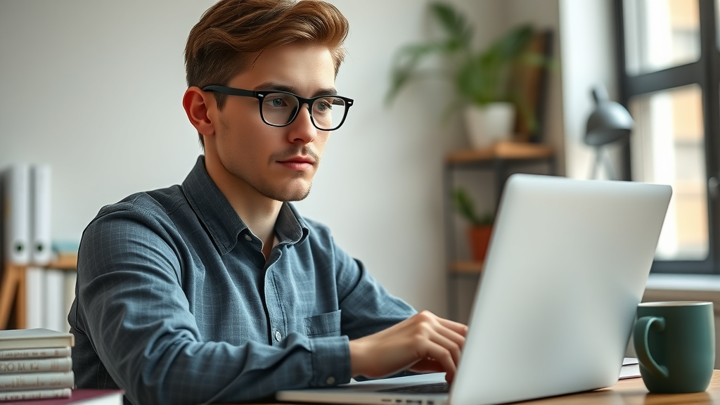 thoughtful young professional blogger analyzing blog audience engagement analytics on laptop in urban office
