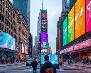 bold AI advertising, engaging, disrupting traditional marketing, photorealistic, grand city square with holographic displays, highly detailed, interactive campaign visuals, 4k resolution, popping colors, lively exterior lighting, shot with a Nikon D6 lens