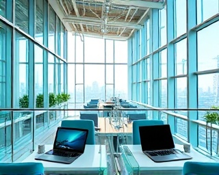 fluid brand identity, seamless, connecting with audiences effortlessly, photorealistic, high-rise open-plan office with branding charts, highly detailed, laptops and tablets, hyper-real, dynamic teals, high-key lighting, shot with a 16-35mm lens.