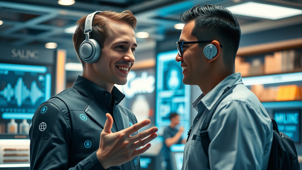 Futuristic digital assistant interacting with local business owner, voice search AI in shop setting.
