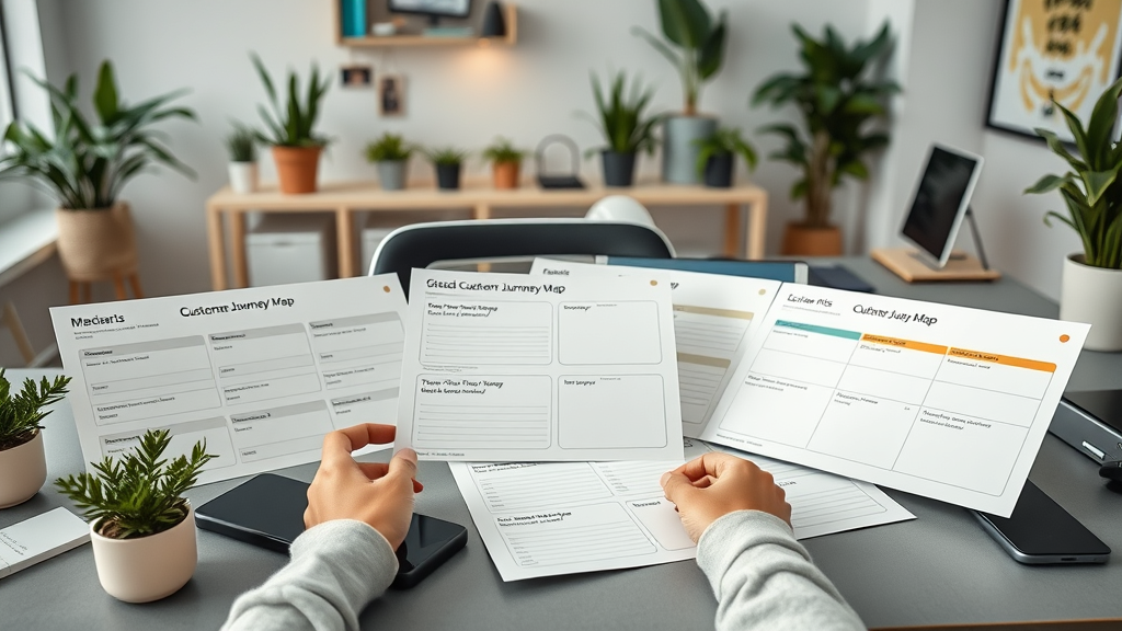 customer journey mapping organized workspace with journey map templates on desk