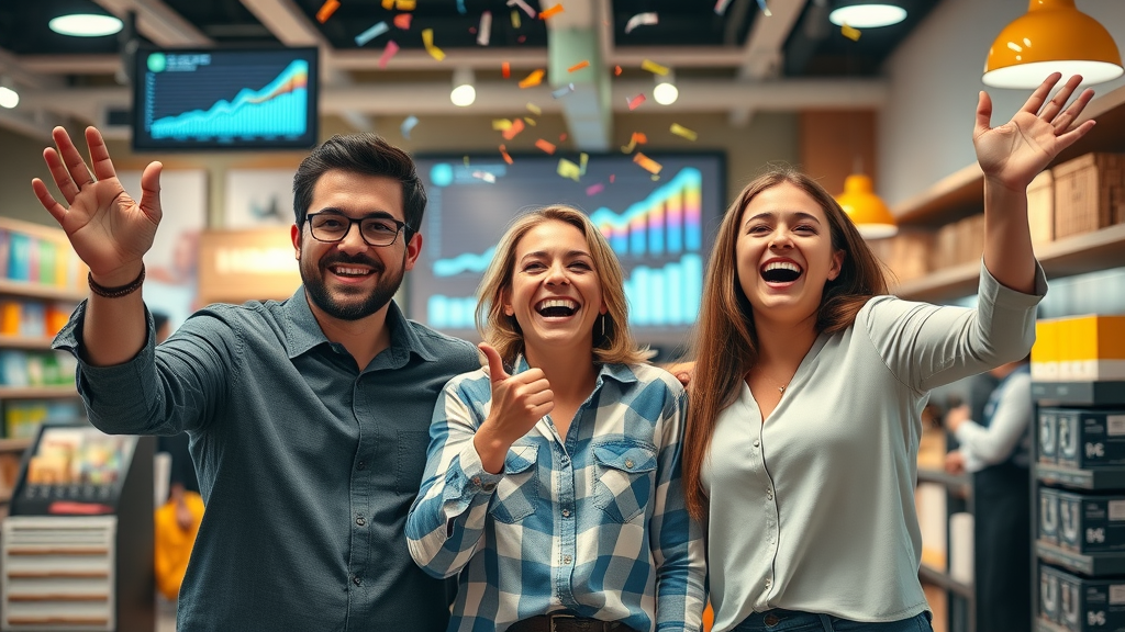 small business owners celebrating analytics from successful retargeting campaigns