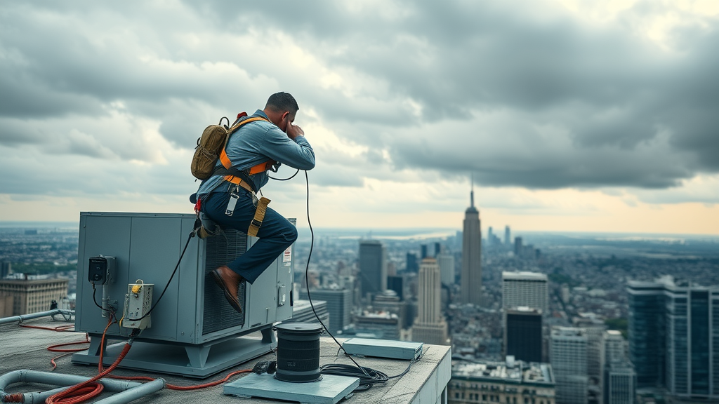 Technician repairs emergency HVAC system on city rooftop nearing storm.