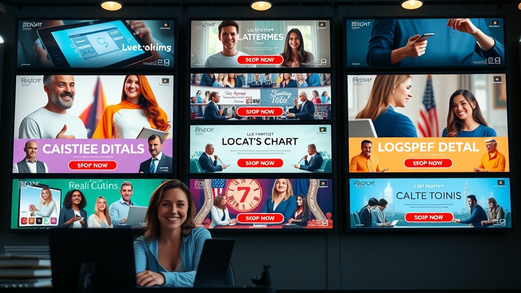 bold digital display ads in grid layout, strong visuals, call to action, display ad, social media, retargeting campaigns