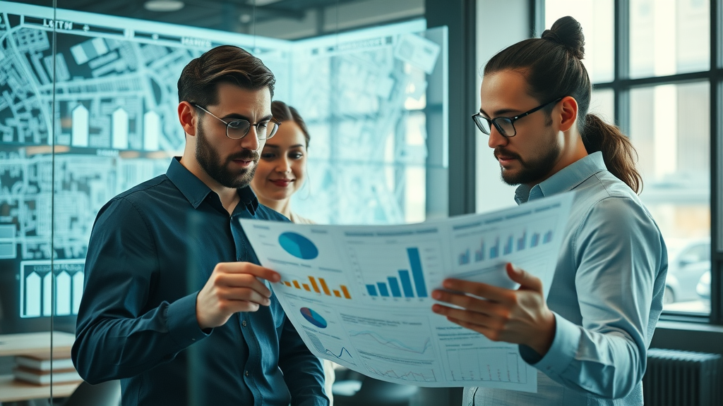 Analytical marketing team examining local demographic charts for local business marketing success