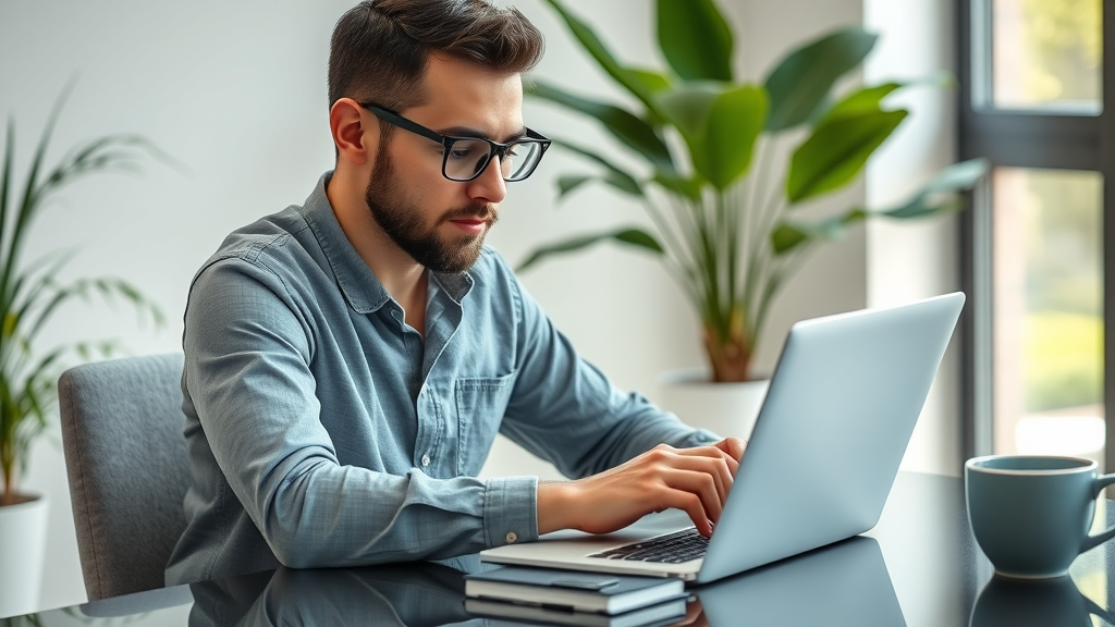 Professional marketer designing an eBook on a laptop, repurposing blog content into downloadable lead magnets