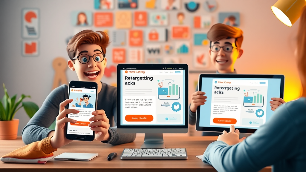 visually striking mockup of retargeting ads on mobile and desktop, ad copy, display ad, call to action, retargeting campaign