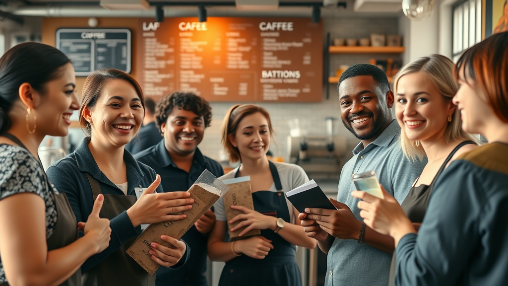 small business cafe staff using branded packaging customer service