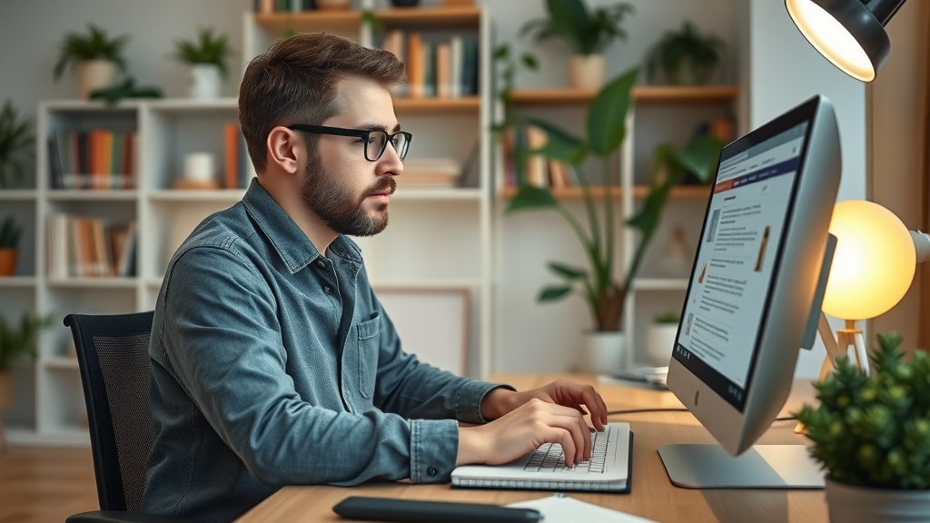 professional blogger writing an SEO-optimized blog post on digital marketing for service businesses in a cozy workspace