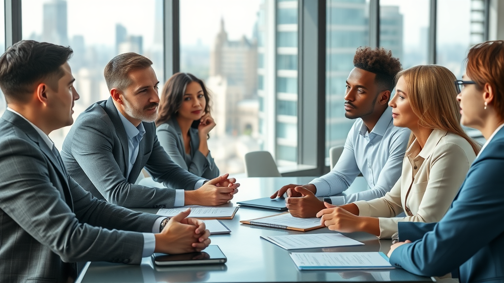 insightful business consultation, group of diverse professionals engaged in discussion for service business marketing strategy in a modern office setting with city skyline