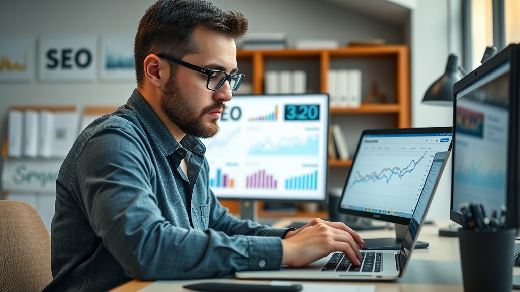 SEO analytics charts small business owner studying on laptop for SEO for small businesses