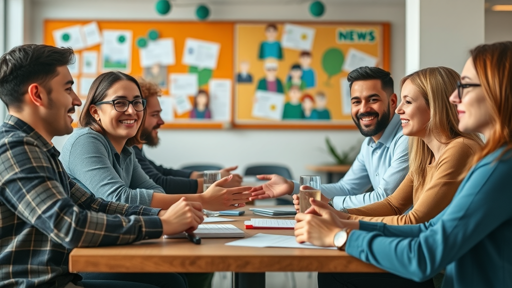 building-local-media-platforms vibrant local news team collaborating in a modern coworking space with a community board