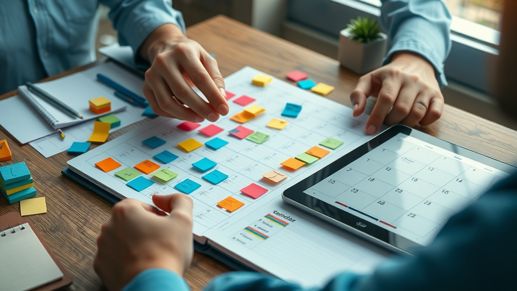 marketer arranging a colorful content strategy calendar for social media content plan