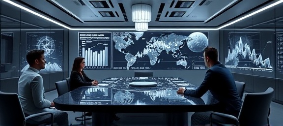 immersive AI strategy session, engaged, optimizing, photorealistic, futuristic boardroom with touch-sensitive surfaces, highly detailed, 3D holograms of market trends, UHD display, sleek monochrome palette, pendant lighting, shot with a telephoto lens.