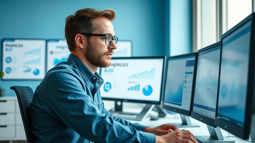 digital marketer reviewing blog to social media analytics in a bright contemporary office, multiple monitors show blog post and social media networks, visible documents and graphs, cool blue tone, natural daylight