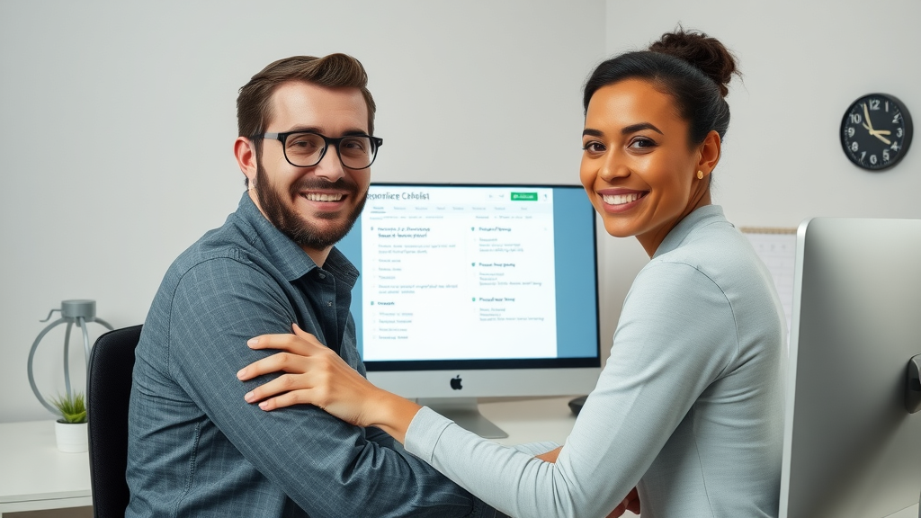 Marketer confidently following a digital checklist for repurposing blog content for social media platforms in a minimalistic workspace.
