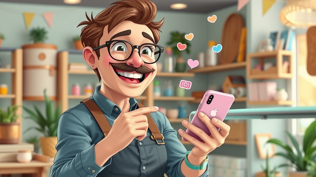 local business advertising energetic business owner posting on social media shop background icons