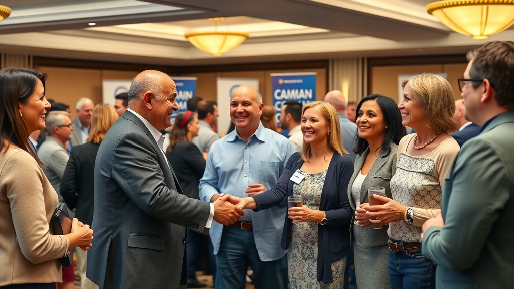 Diverse group of business owners networking at local Chamber of Commerce event, building community trust