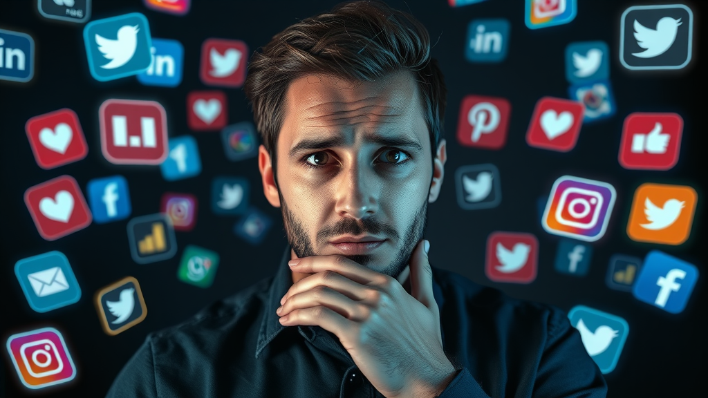 thoughtful content creator surrounded by social media app icons, choosing monetization strategies