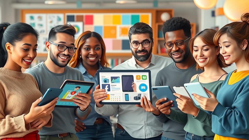 diverse group of digital creators using tablets and smartphones, digital products for monetizing branded media sites