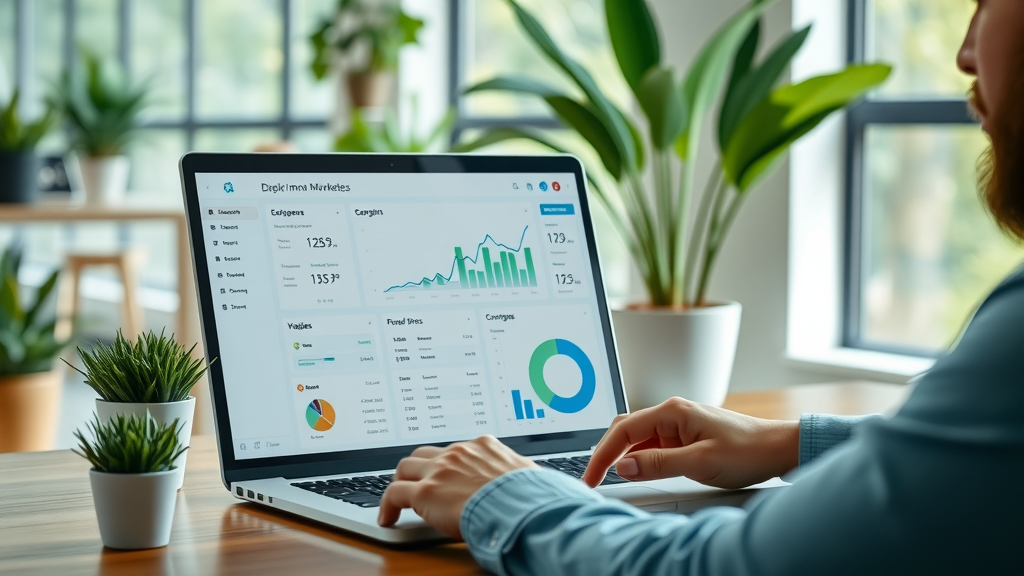marketer measuring engagement rate with laptop dashboard, hand pointing to upward trend graph, engagement on social media displayed