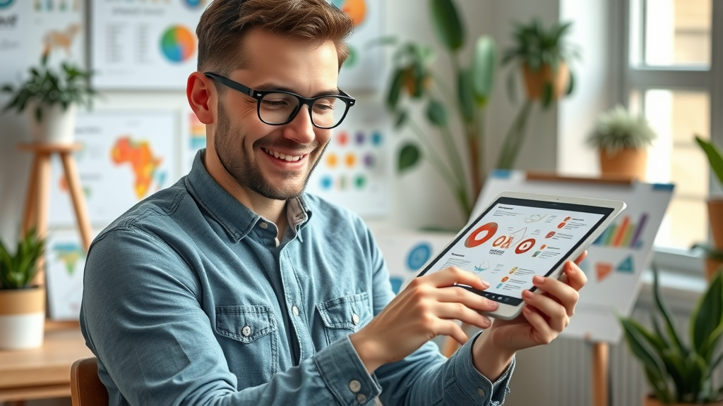 Visual designer arranging branded infographic templates and social media posts on a digital tablet for repurposing blog content in a stylish studio.