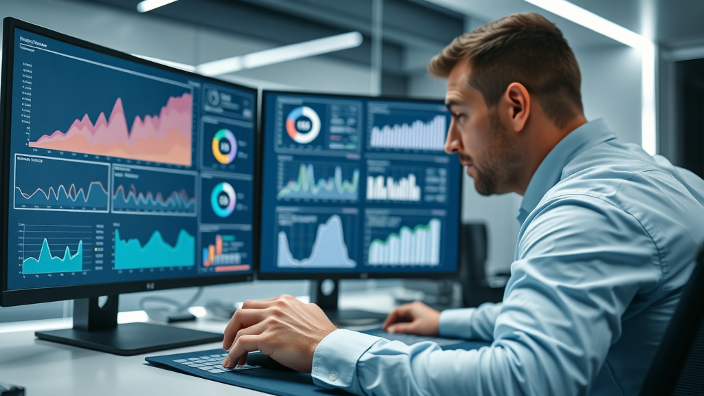 social media marketing strategist analyzing performance metrics on dual monitors