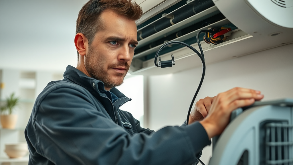 Technician providing emergency HVAC repair on broken AC unit inside home