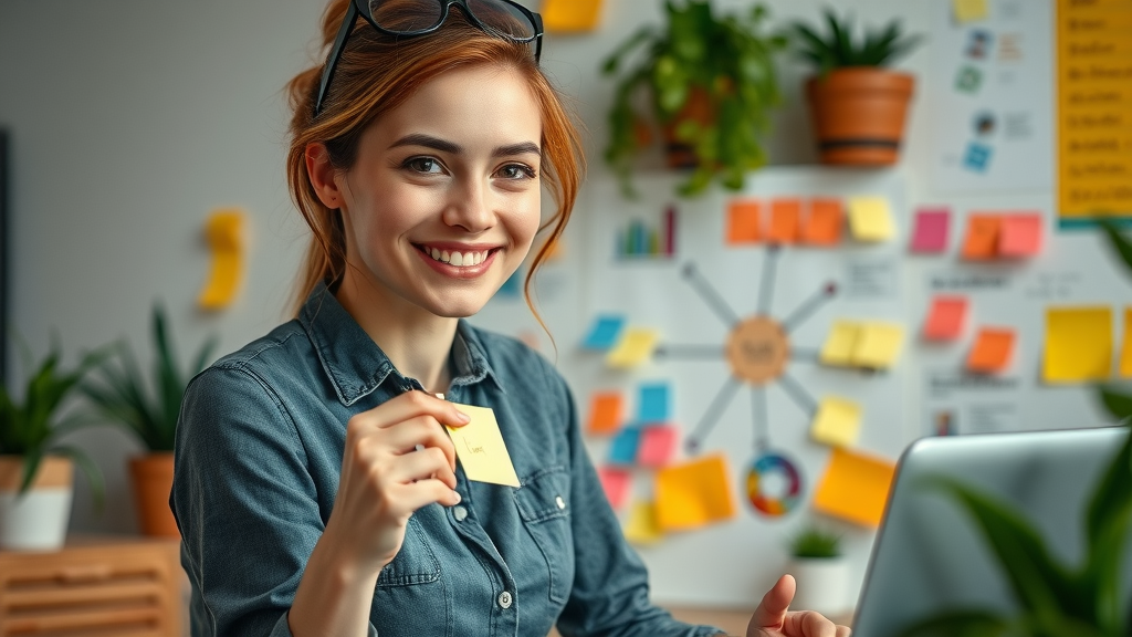 female content strategist building blog target audience persona with mind map in colorful workspace