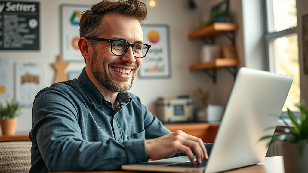 enthusiastic local business owner reviewing retargeting ad results for local businesses
