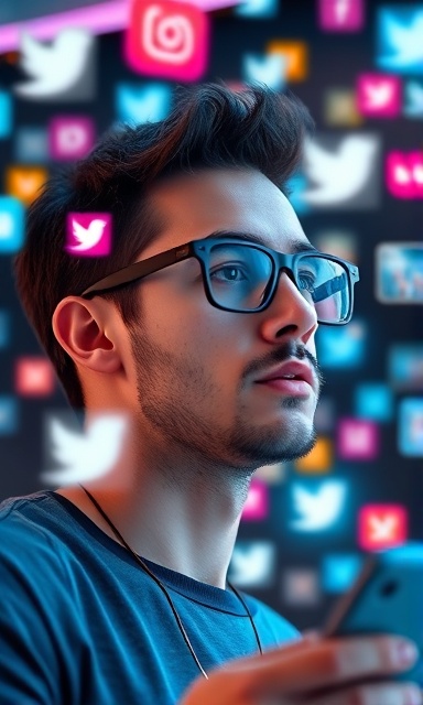 tech-savvy individual, focused, auditing online profiles, photorealistic, surrounded by floating social media icons, highly detailed, interactive interfaces hovering, 8k resolution, multi-colored, dynamic LED illumination, shot with a prime lens