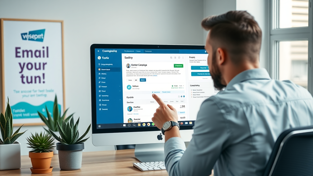 Marketer scheduling email campaign for local content strategy on desktop in modern workspace