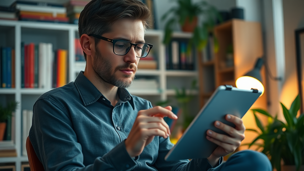 insightful blogger reviewing blog analytics on tablet to evaluate blog content ideas in a cozy home office