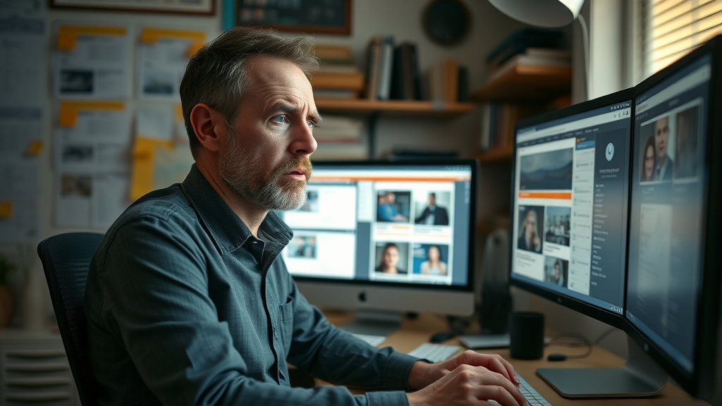 Frustrated digital marketer reviewing repetitive retargeting ad campaigns for fatigue issues