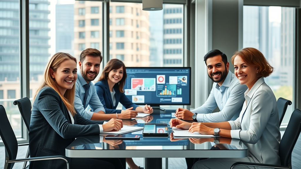modern service professionals discussing digital marketing for service businesses around a conference table, digital screens, urban office