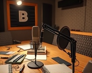 engaging brand voice, captivating, telling compelling stories, photorealistic, podcast studio where ideas come alive, highly detailed, scattered notes and microphones, ultra-high resolution, warm earthy tones, spotlight lighting, shot with a 100-400mm lens.