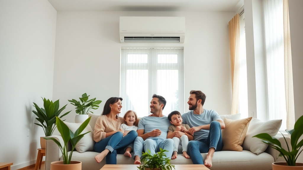 Family relaxes in a modern living room with new air conditioning installation.