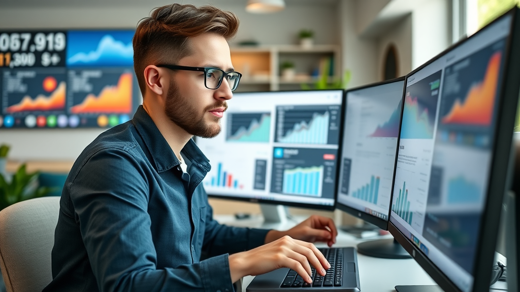 increase social media engagement - digital marketer with analytics dashboard and social media icons in modern workspace