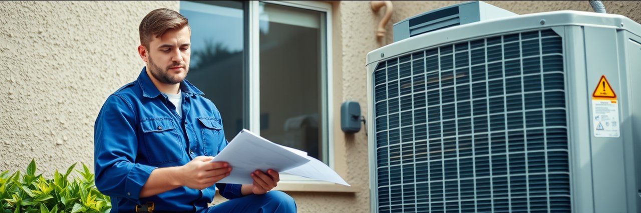 Technician performs emergency hvac repair outside home with toolkit