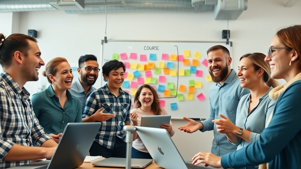 Digital marketers brainstorming ways to repurpose blog content in a modern co-working office, whiteboard with colorful sticky notes, repurpose blog content