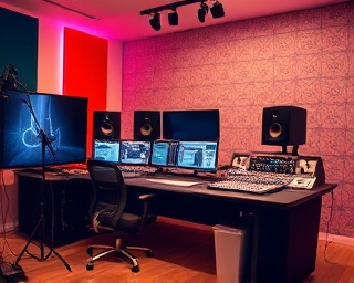 innovative voice creation, forward-thinking, developing unique soundscapes, photorealistic, digital studio with sound engineering software on display, highly detailed, cables and mixers, crystal clear, saturated colors, bright studio lights, shot with a 70-200mm lens.