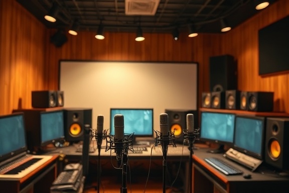 harmonious voice identity, harmonious, crafting consistent audio-visual communication, photorealistic, audio lab filled with microphones and monitors, highly detailed, sound waves visible in the air, crisply rendered, warm colors, backlighting, shot with a 85mm lens.