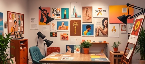creative marketing, inspired expression, brainstorming, photorealistic, artistic studio with colorful mood boards, highly detailed, innovative branding ideas, shot with a 60mm lens, pastel colors, soft lighting