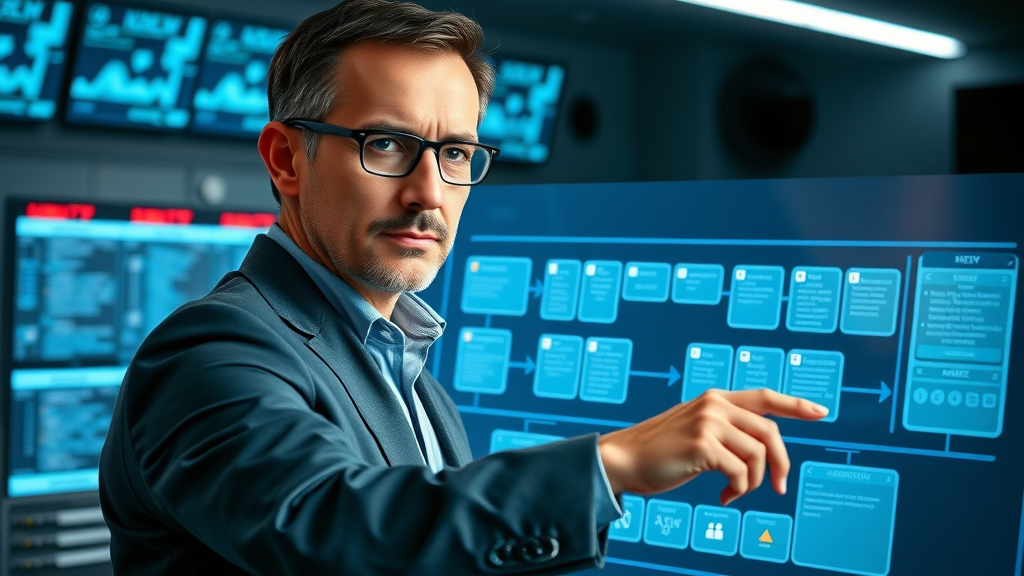 Marketing manager building a content repurposing roadmap on a touchscreen, digital content flow